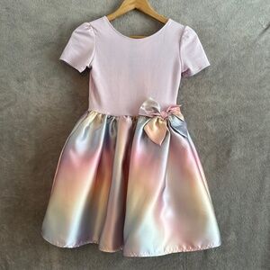 H&M Girls Party Dress Size 8/10 Purple Rainbow Pastel Unicorn Bow Flared Skirt